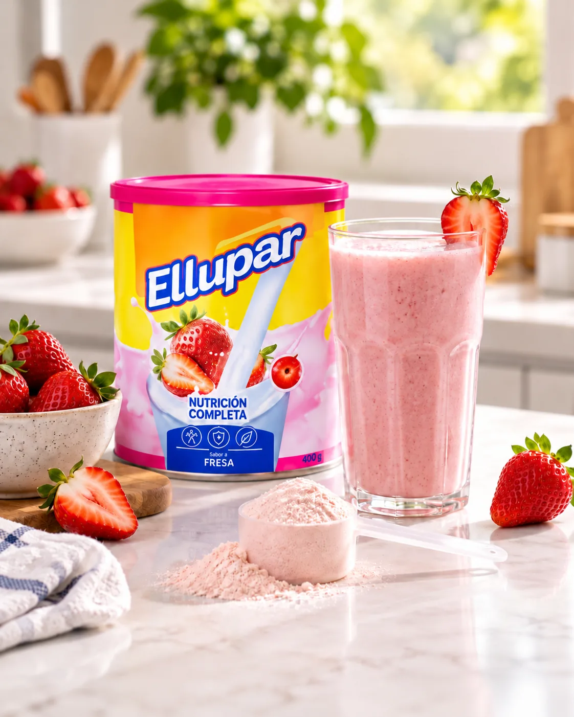 Tarro de Ellupar sabor fresa junto a un vaso de batido de fresa y una medida de polvo, sobre un mesón de cocina