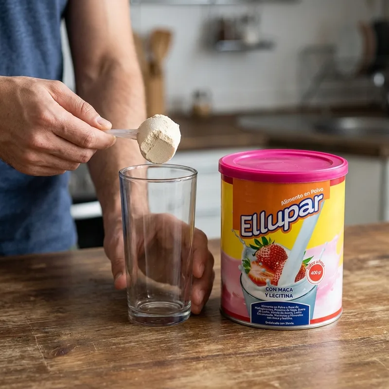 Manos con la cuchara dosificadora de Ellupar sobre un vaso, junto al tarro