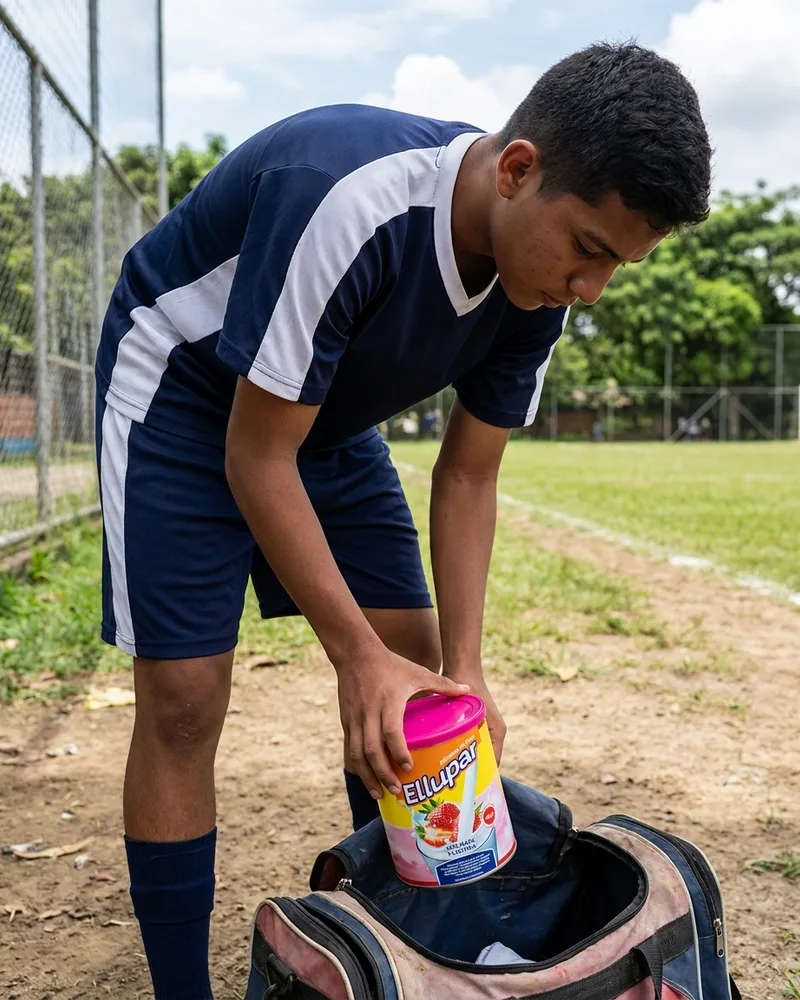Joven futbolista con uniforme guarda un tarro de Ellupar en su maleta, junto a la cancha